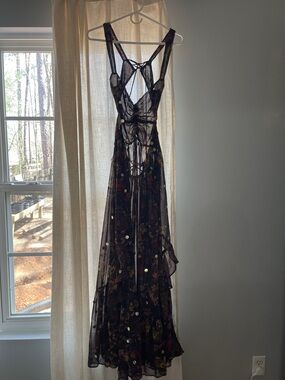 Free People Sheer Black Maxi Dress with Gold Dot Accents